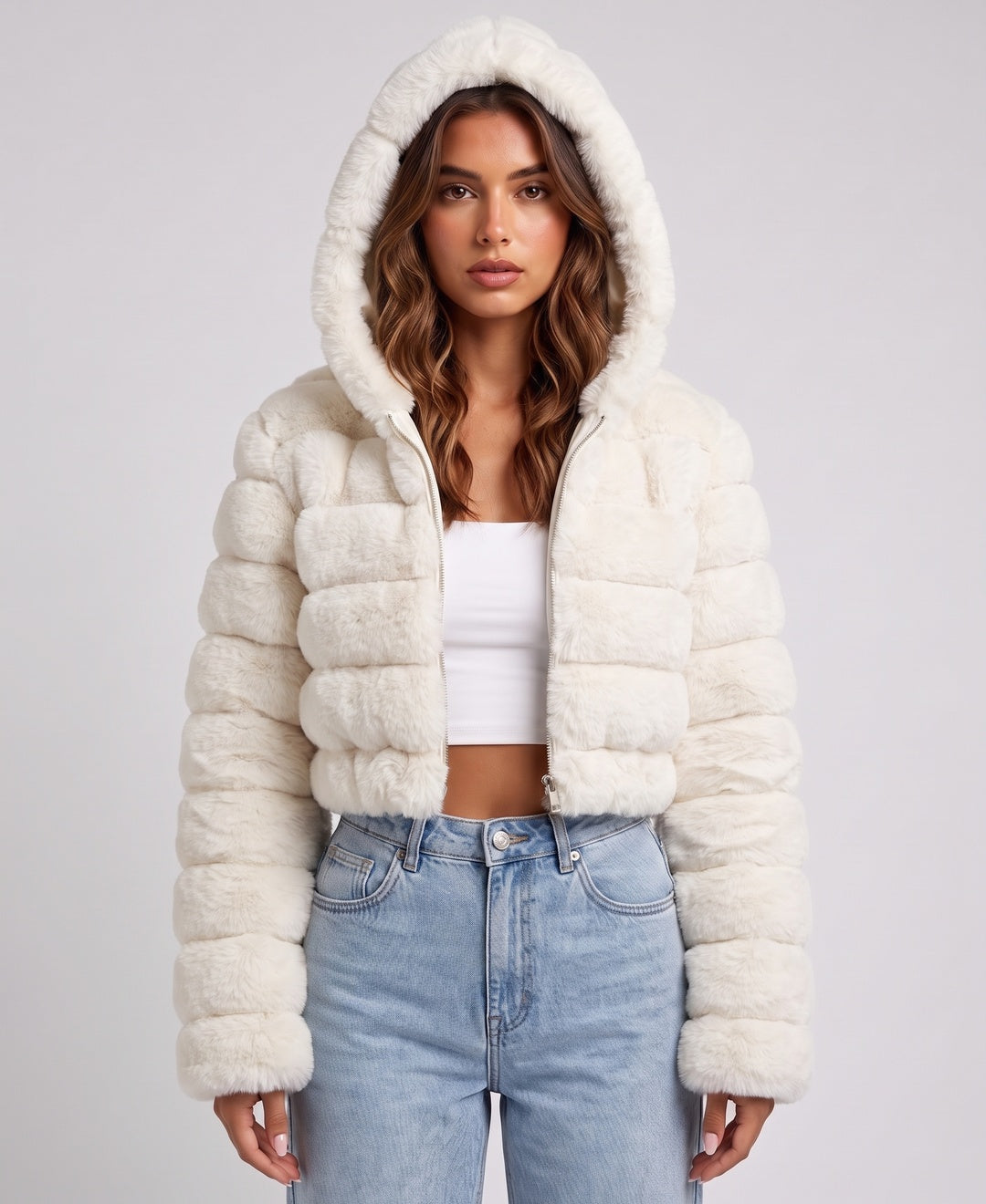 Women's cropped faux fur hooded bomber jacket in white, front view