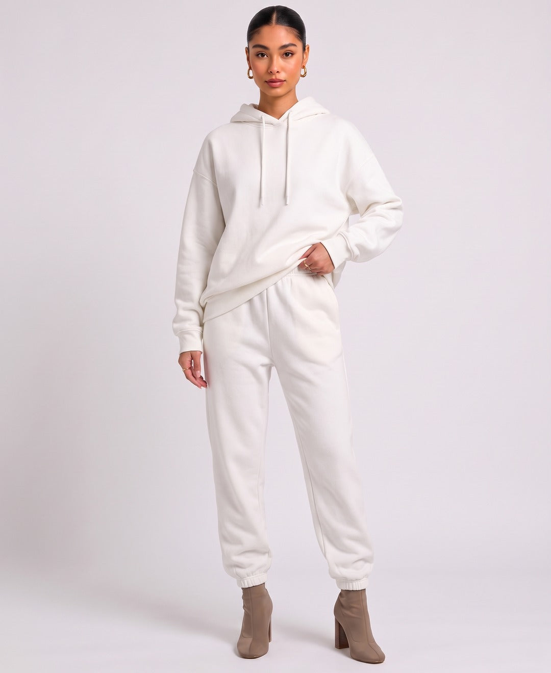 Esme Hoodie Jogger Set in White, front view