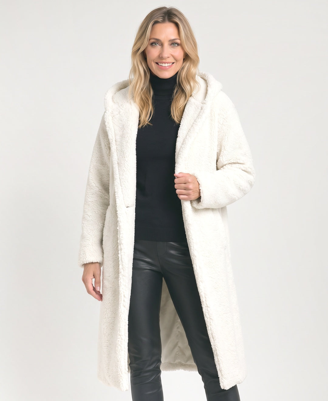 Long Hooded Teddy Sherpa Coat Open Front Pockets white front view