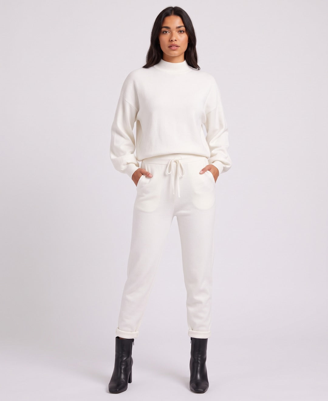 Carys Mock Neck Set in White, front view
