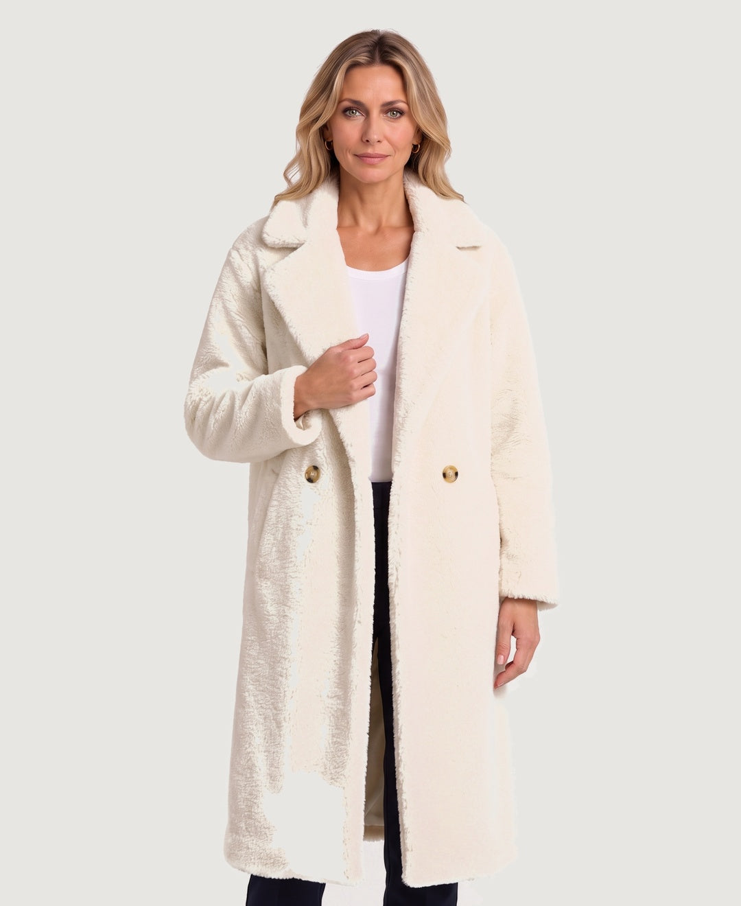 Long Teddy Fleece Coat Double Breasted white front view