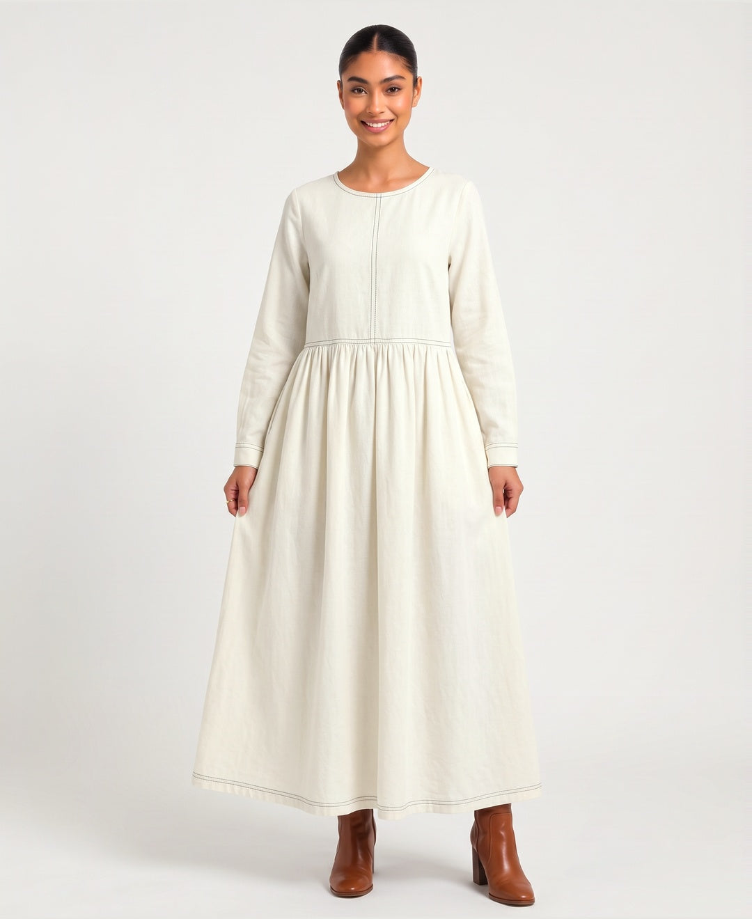 Women's long sleeve denim maxi dress in white, front view