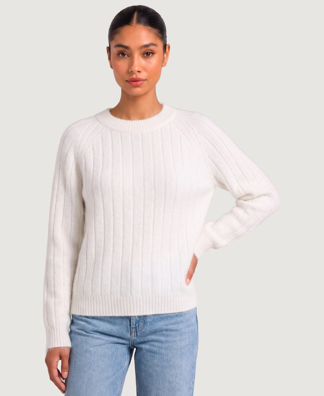 Women's wide rib knit jumper with raglan sleeves, front view – White
