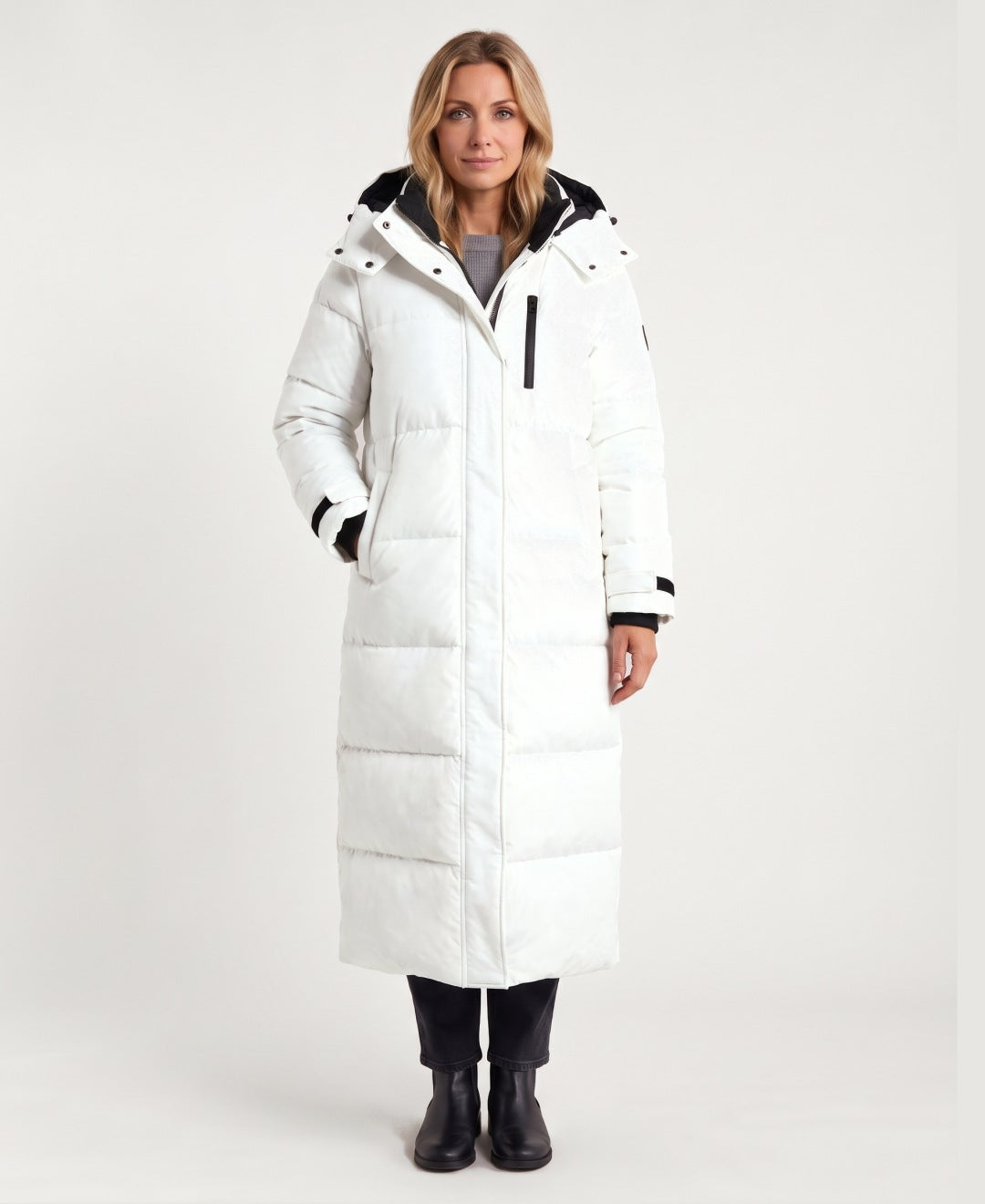 Women's long hooded puffer coat white front view
