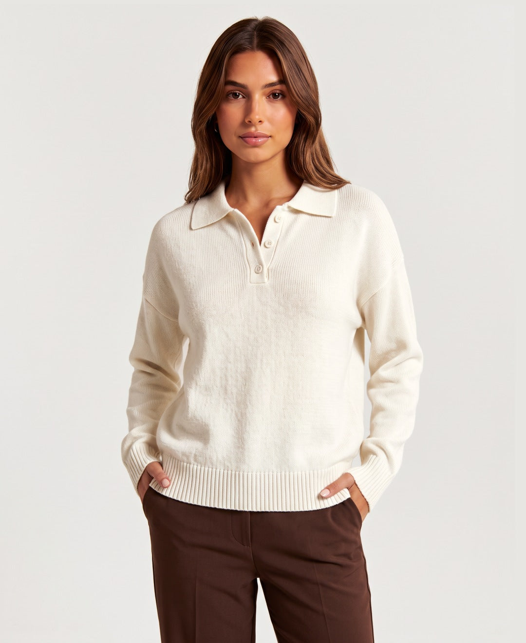 Women's lightweight knit polo jumper in cream, front view
