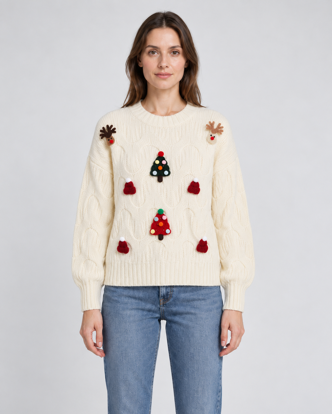 3D Tree and Reindeer Cable Knit Christmas Jumper, white, front view