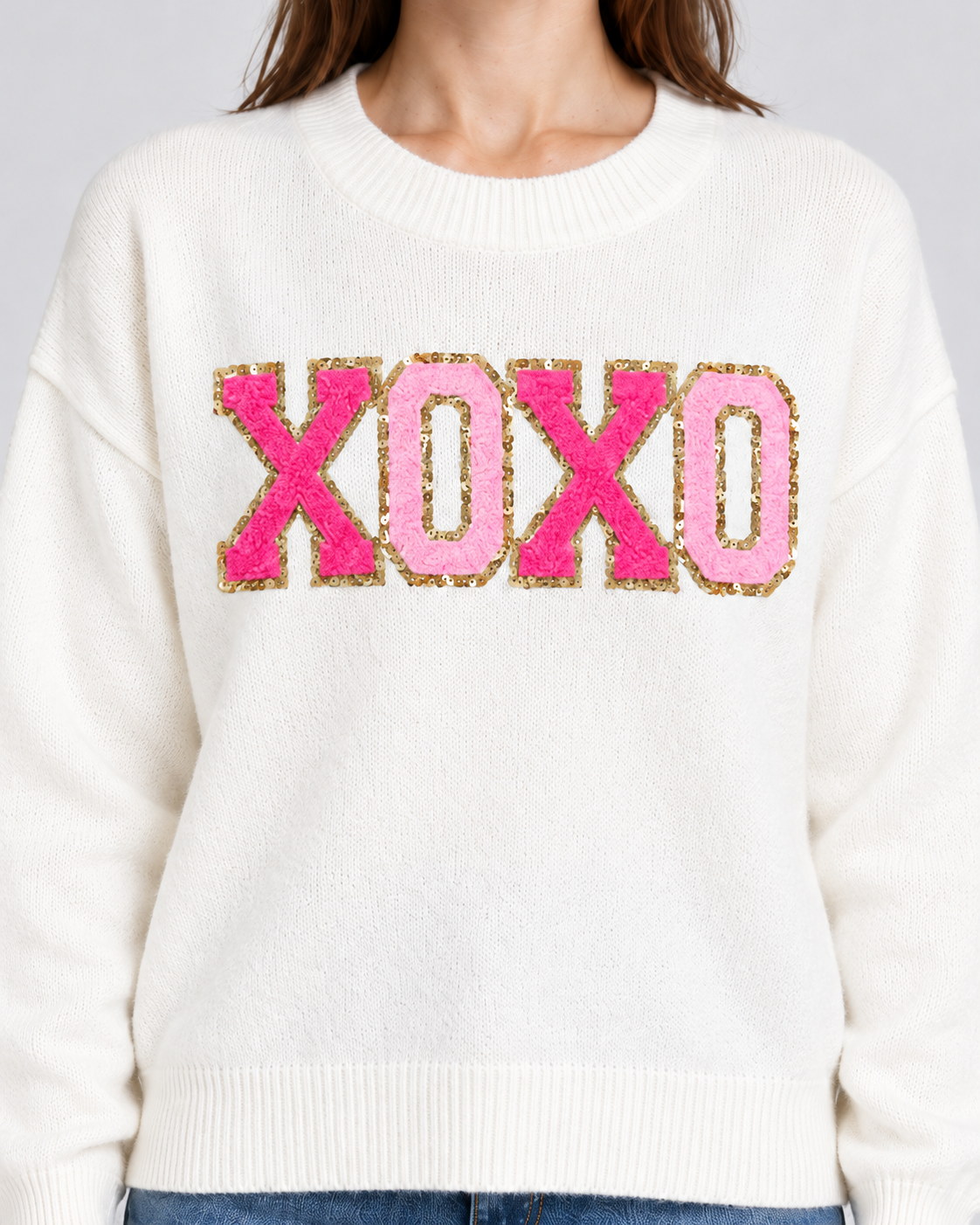 Tufted Slogan Crew Neck Christmas Jumper, tufted XOXO lettering with gold edge, close-up