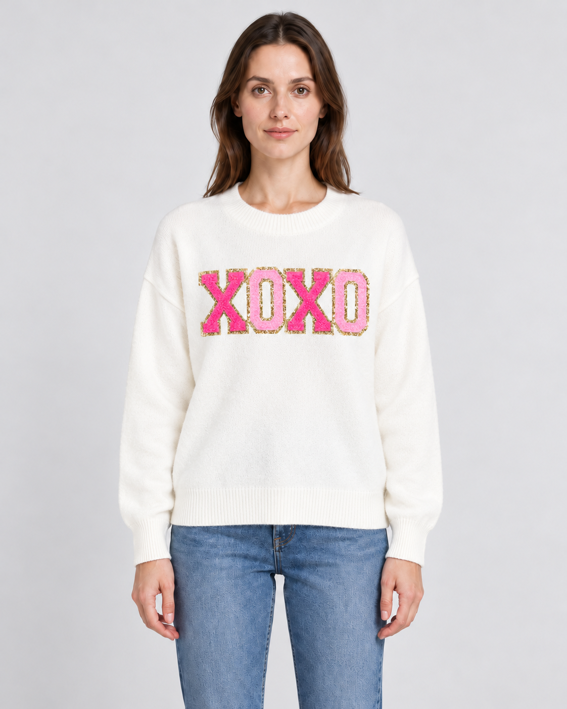 Tufted Slogan Crew Neck Christmas Jumper, white jumper with tufted XOXO slogan, front view