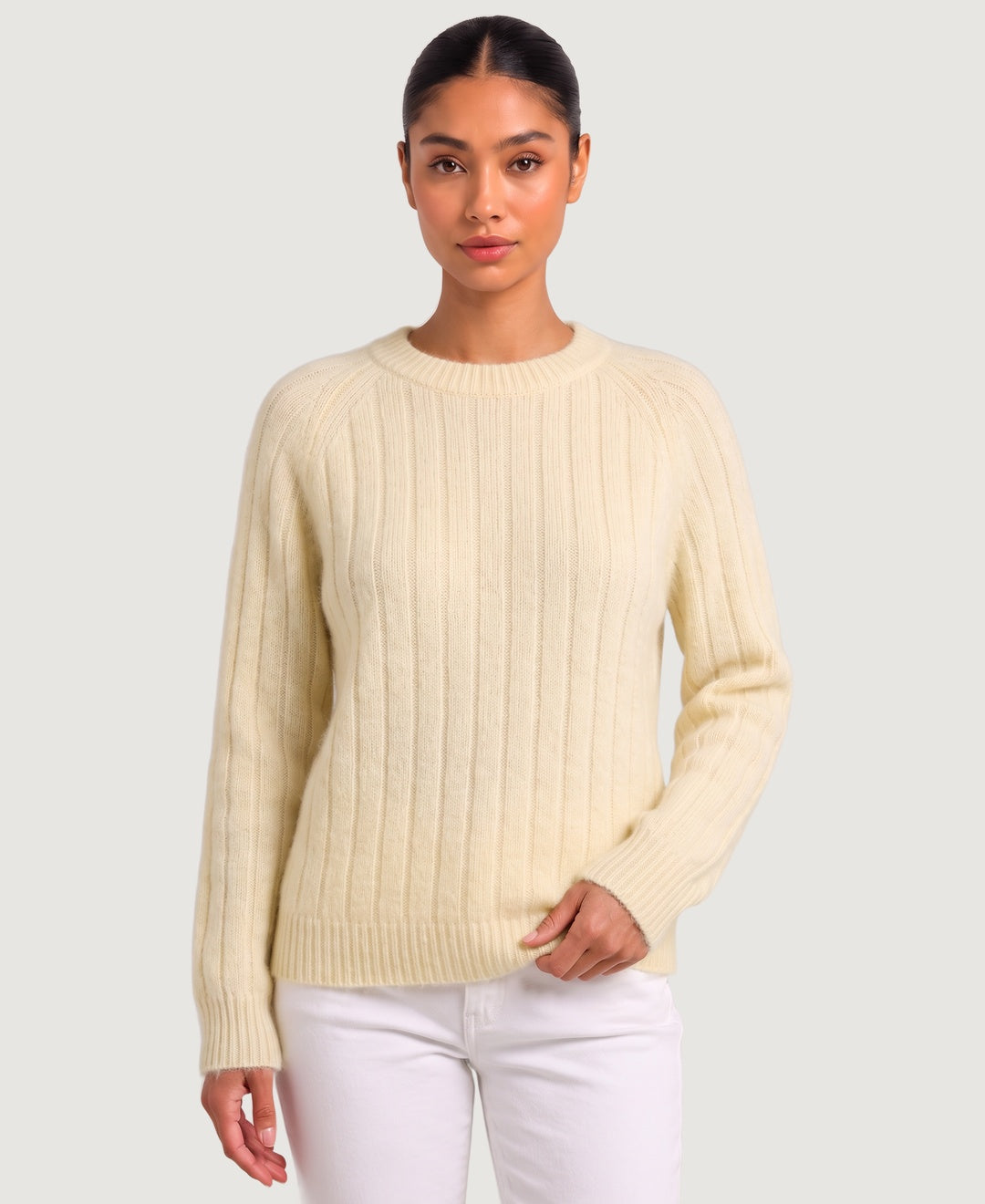 Women's wide rib knit jumper with raglan sleeves, front view – Yellow