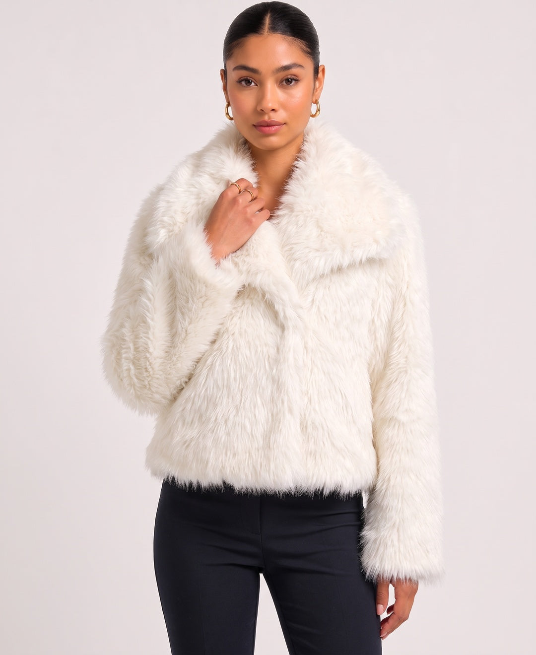 Donna Cappotto Corto Pelliccia Sintetica Colletto con Revers