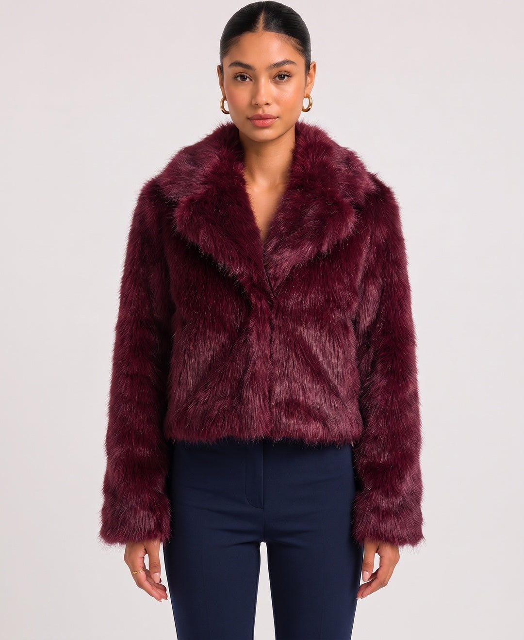 Donna Cappotto Corto Pelliccia Sintetica Colletto con Revers