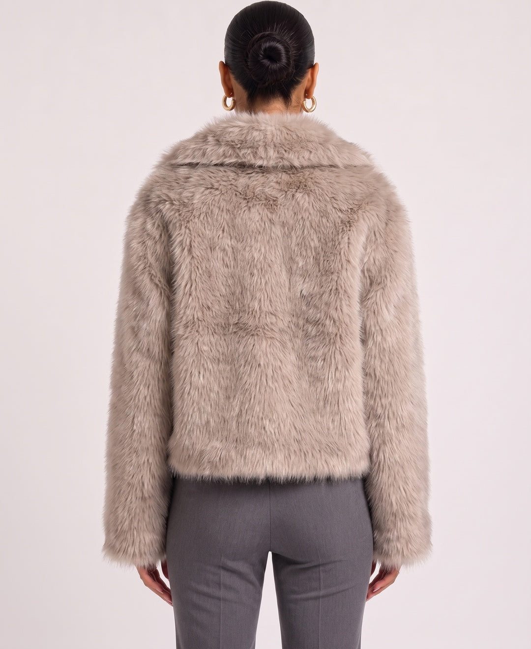 Donna Cappotto Corto Pelliccia Sintetica Colletto con Revers