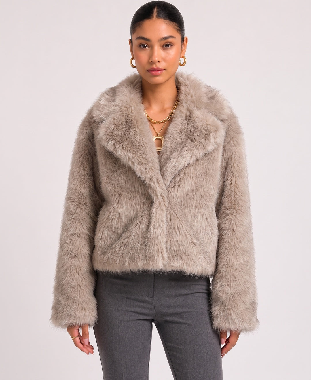 Donna Cappotto Corto Pelliccia Sintetica Colletto con Revers