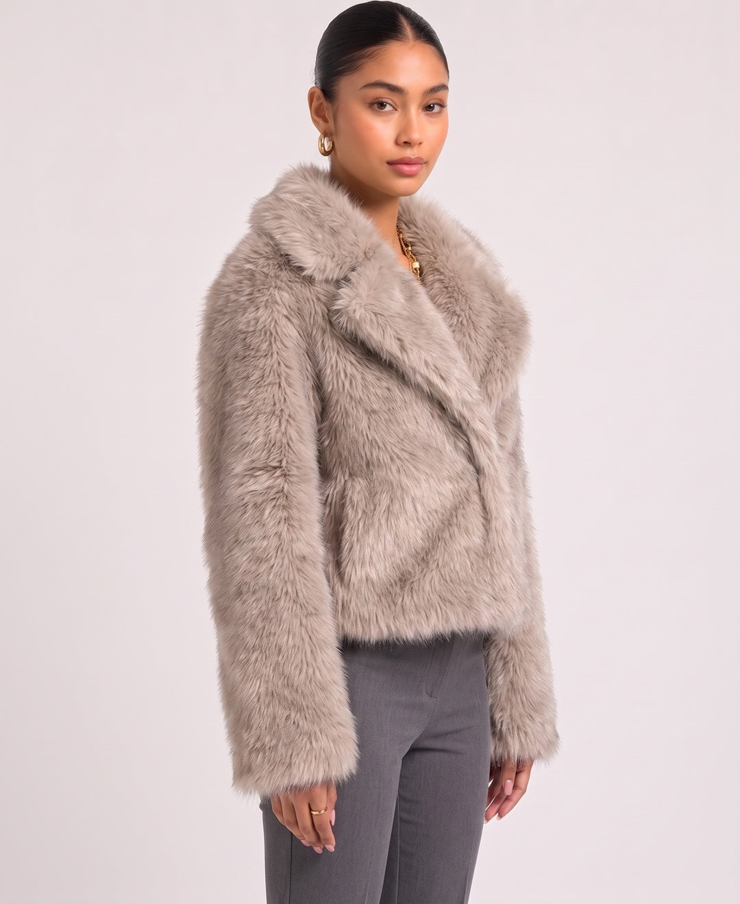 Donna Cappotto Corto Pelliccia Sintetica Colletto con Revers