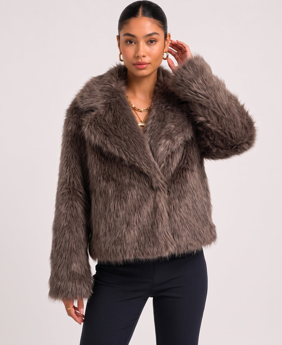 Donna Cappotto Corto Pelliccia Sintetica Colletto con Revers