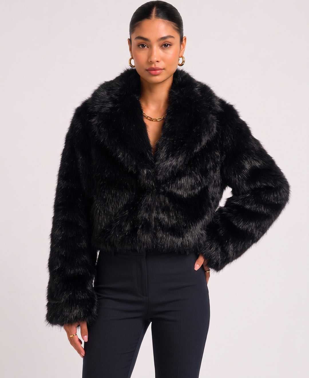 Donna Cappotto Corto Pelliccia Sintetica Colletto con Revers